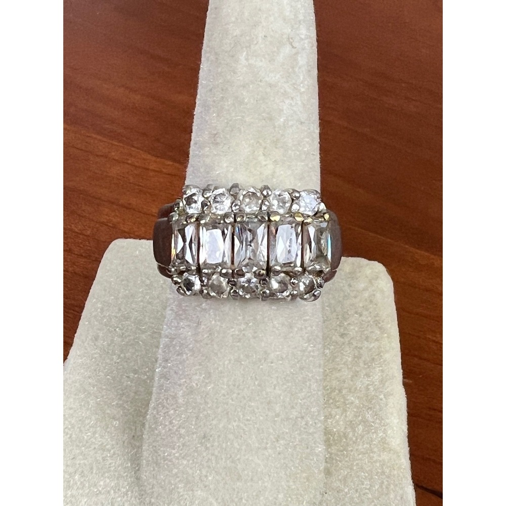 Vintage Silver Tone Multi Stone Emerald Cut Crystal Cocktail Ring Size 4.5